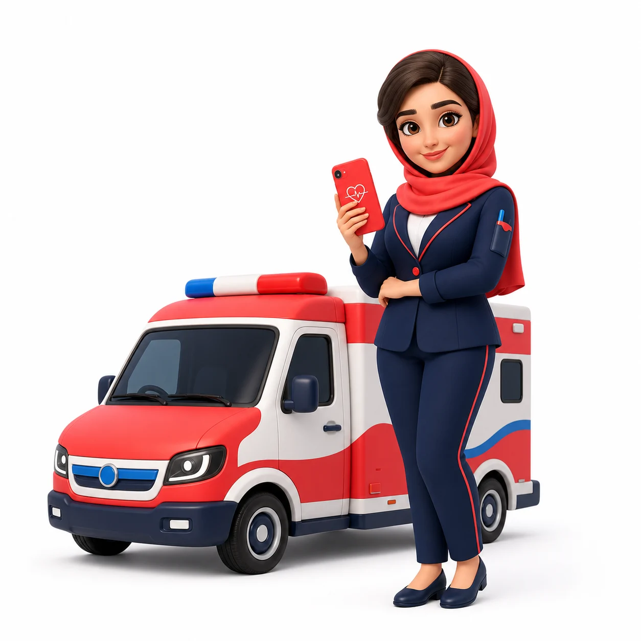 کاراکتر هماهنگکننده آمبولانس خصوصی کنار آمبولانس کارتونی